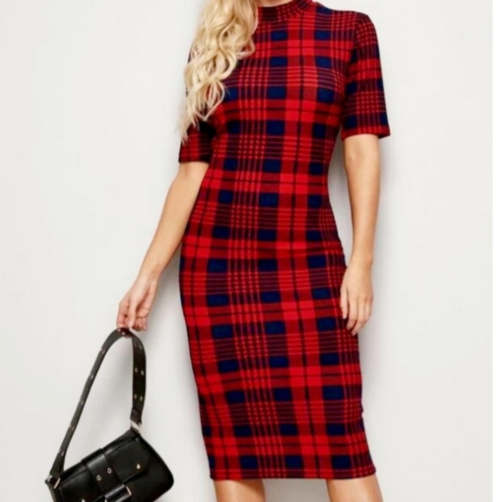 Shein Red & Black Plaid Print Pencil Mid-Length Dress S